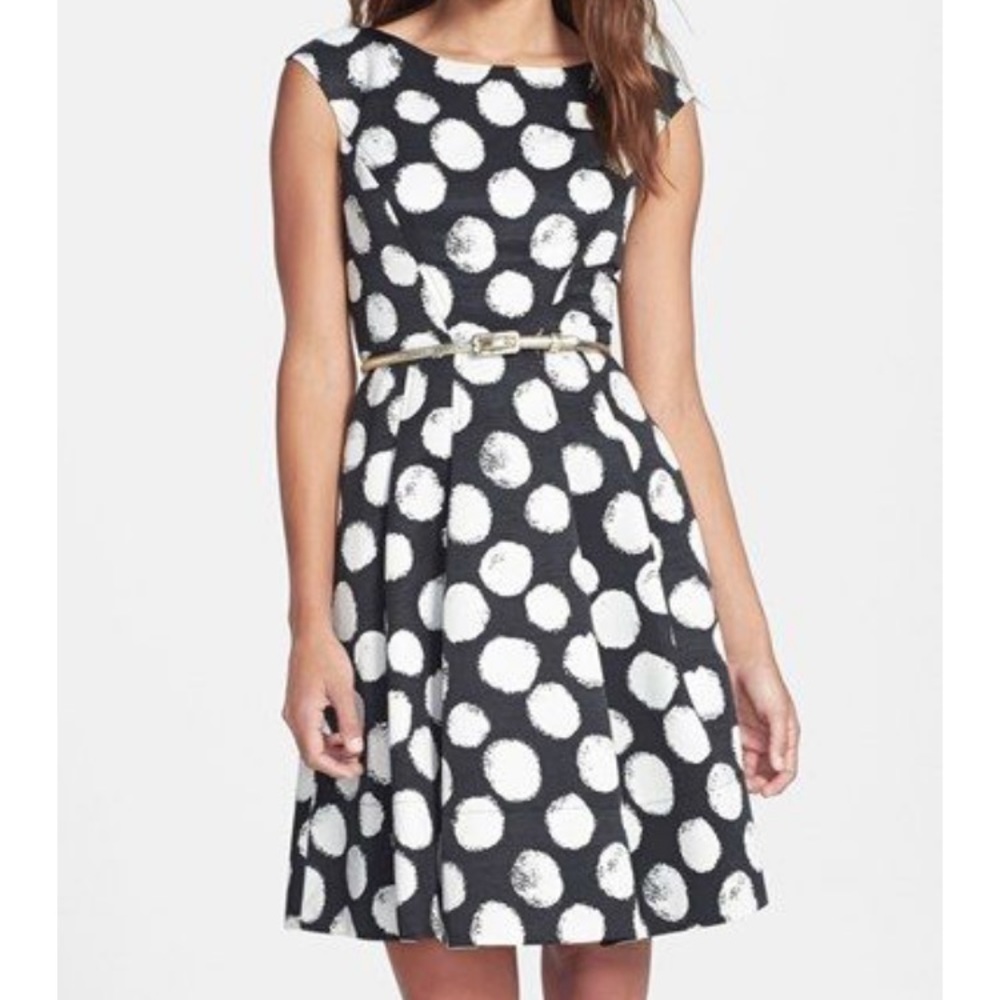 Eliza J Black white belted polka dot dress 6